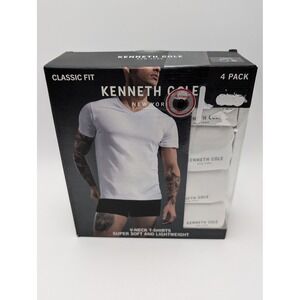Kenneth Cole Mens Classic Fit 4 Pack V Neck T Shirts White Soft Lightweight